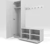 A white wardrobe set with open doors and shelves, a bench with open compartments, and a wall-mounted coat rack. Náhľad obrázku produktu