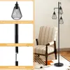 A floor lamp with three conical wire lampshades is shown next to an armchair. The image is divided into sections highlighting product features. Produktbild-Vorschau