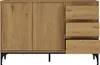 A wooden sideboard with two doors and three drawers on black metal legs, presented against a white background. Voir les images du produit