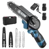 A cordless mini chainsaw kit with accessories, batteries, and charger, laid out on a white background. Produktbild-Vorschau