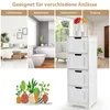 Collage showing a white cabinet with four drawers in different room settings (bedroom, bathroom, living room, entrance) and a separate illustration of potted plants. Náhled obrázku produktu