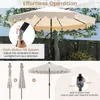 An outdoor umbrella with LED lights and a tilt system, shown in use and with close-ups of its features. Produktbild-Vorschau