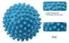 A blue spiky ball with close-up views and text on the right side. Produktbild-Vorschau