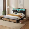 A bedroom scene featuring a bed with storage drawers and a headboard with LED lighting. Produktbild-Vorschau