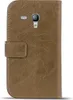 A brown leather wallet case for a Samsung Galaxy S3 Mini phone, shown from the back. Produktbild-Vorschau