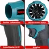 A collage of four close-up images of a teal and black cordless leaf blower, highlighting different features. Produktbild-Vorschau