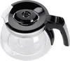 A close-up view of a glass coffee pot with a black lid and handle. Voir les images du produit
