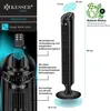 A collage of images showing a black tower fan, its features, and dimensions. Produktbild-Vorschau