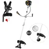 A product shot of a petrol-powered string trimmer and its accessories, presented on a white background. Produktbild-Vorschau