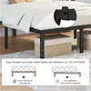 A close-up view of a black metal bed frame with a mattress, showing a detail of the stopper mechanism and an illustration explaining its function. Produktbild-Vorschau