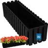 A black rectangular planter box with a smaller planter box filled with orange flowers in front of it. A tag is attached to the planter box. Produktbild-Vorschau