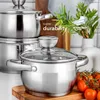 A set of stainless steel pots with glass lids, with tomatoes and greenery in the background. Anteprima dell’immagine prodotto