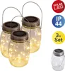 Three solar-powered mason jar lights with fairy lights inside, displayed on a white background with informational icons. Náhľad obrázku produktu