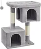 A grey cat tree with two cubbies and a dangling toy, set against a white background. Produktbild-Vorschau