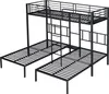 A black metal bunk bed with three sleeping areas and a small shelf. Náhled obrázku produktu