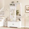 A white entryway furniture set with a mirror, coat hooks, a bench with storage, and a shoe rack with umbrellas. Produktbild-Vorschau