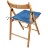 A wooden folding chair with a blue seat cushion, shown from the back. Produktbild-Vorschau