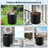 A collage of four images showing a portable bathtub being used in different locations: a garden, a balcony, a bathroom, and a terrace. Produktbild-Vorschau