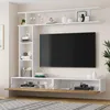 A modern white TV wall unit with a wooden base, featuring shelves, cabinets, and a large TV screen. Náhľad obrázku produktu