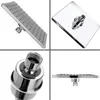 A collage of four images showing different views of a chrome-plated square shower head and a water filter attachment. Podgląd zdjęcia produktu