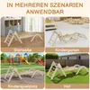Collage showing a wooden climbing frame in different settings: indoors, kindergarten, playground, and outdoors on grass. Podgląd zdjęcia produktu