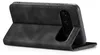 A black flip case for a Google Pixel phone is shown standing upright, with the front cover folded back. Produktbild-Vorschau