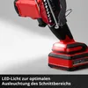 Close-up of a cordless angle grinder with a battery attached, highlighting an LED light. Produktbild-Vorschau