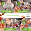 Collage of four images showing the steps to use a food mill to process strawberries. Produktbild-Vorschau