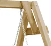 A close-up view of the top of a wooden swing set, showing the metal chain and carabiner attached to the wooden beam. Náhľad obrázku produktu