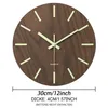 A close-up of a wooden wall clock with luminous hands and hour markers, with dimensions and specifications shown below. Produktbild-Vorschau