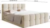 A beige upholstered bed with a headboard and mattress, shown with dimensions indicated by lines and numbers. Voir les images du produit