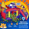 A colorful inflatable play structure filled with balls, with text overlays highlighting features. Produktbild-Vorschau