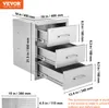 A diagram showing the dimensions of a stainless steel three-drawer unit, with measurements indicated in inches and millimeters. Náhled obrázku produktu
