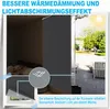 A split image showing a bedroom with a roller blind and an outdoor patio scene. Voir les images du produit