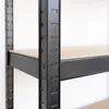 A close-up view of a black metal shelving unit with a wooden shelf. Produktbild-Vorschau