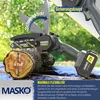 A mini chainsaw is shown cutting a log, with text overlays highlighting features. Produktbild-Vorschau