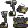A set of Dewalt power tools, including a drill, impact driver, charger, and storage case, arranged on a white background. Produktbild-Vorschau
