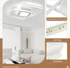 A collage showing a modern LED ceiling light in a living room setting and close-ups of its components and features. Produktbild-Vorschau