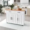 A white kitchen island with a wooden countertop is shown in a kitchen setting. Podgląd zdjęcia produktu