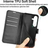 A person is holding a black flip phone case open, showing the interior card slots and the phone holder. Text overlays describe the product's features. Produktbild-Vorschau