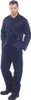 A man wearing a navy blue work overall, standing against a white background. Produktbild-Vorschau