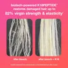 A split image showing a comparison of damaged hair before and after using a hair treatment product. Voir les images du produit