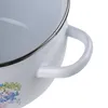 A close-up view of the handle and rim of a white enamel pot with a floral design. Produktbild-Vorschau