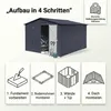 An image showing a garden shed with four steps for assembly illustrated below. Produktbild-Vorschau