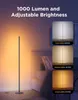 A floor lamp is shown in a bedroom setting, with inset images demonstrating different light color temperatures. Podgląd zdjęcia produktu