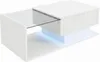 A modern white coffee table with a glass top and blue LED lighting. Produktbild-Vorschau