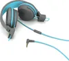 A pair of gray and blue headphones with a blue cord and a 3.5mm audio jack. Produktbild-Vorschau