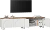 A white TV stand with a wood-colored top, featuring arched cabinet doors and spherical feet, is shown against a white background. A television is mounted above it. Voir les images du produit