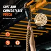 A hand gripping a thick jute rope hanging from a yellow and black structure, with text overlays highlighting product features. Produktbild-Vorschau