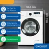 A white washing machine is shown with various feature callouts and dimensions. The background is a dark tiled wall. Produktbild-Vorschau